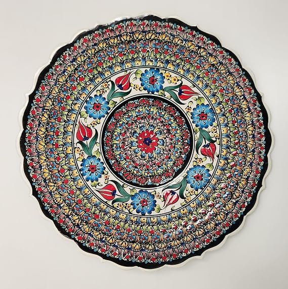 İpek Desen Çerçeveli Merkezinde Osmanlı Lale Desenli El Yapımı Seramik Tabak