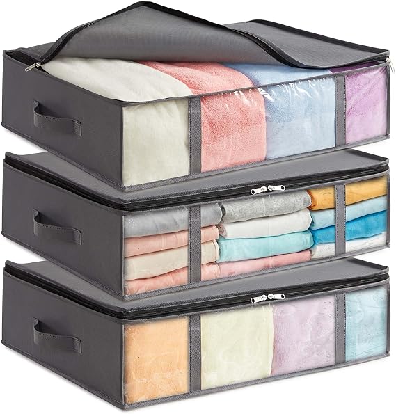 Lifewit Under Bed Storage Bags, Clothes Storage Boxes with Front Clear Window, Closet Organizer for Towels, Blankets, Grey, 40L, 3 Pieces