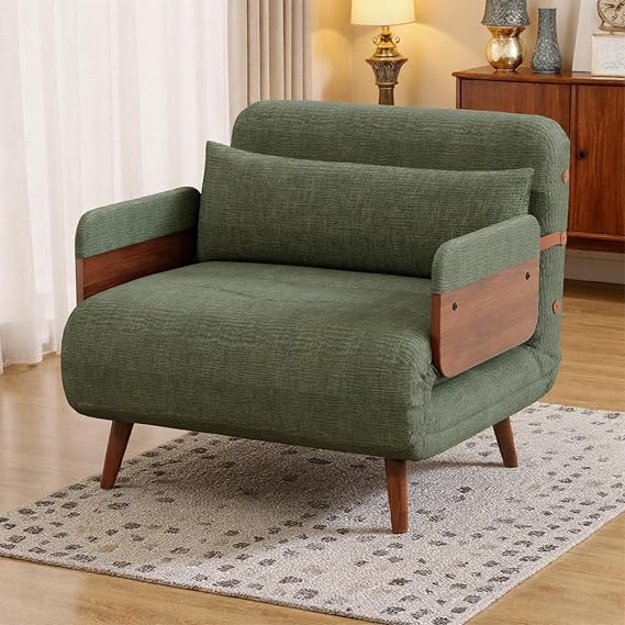 Chair Bed Sleeper for Adults with Wooden Armrests, 3-in-1 Convertible Single Sofa Bed, Adjustable Folding Guest Bed, Chenille Sofa Chair for Living Room Bedroom Office, Sage Green, 90cm Wide