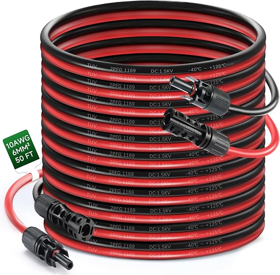 Solar Panel Extension Cable with Waterproof Female and Male Connectors - 10awg/12awg Solar Cable 10ft/20ft/30ft/50ft, for Solar Panels Photovoltaic Systems (Red + Black)