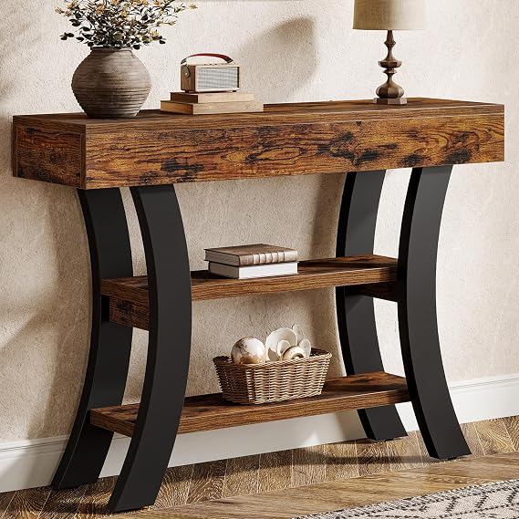 Tribesigns Small 104.1 cm Console Table for Entryway, Rustic 3-Tier Sofa Table with Storage Shelves and Curved Frame for Living Room, Entryway, Hallway, Foyer, Rustic Brown