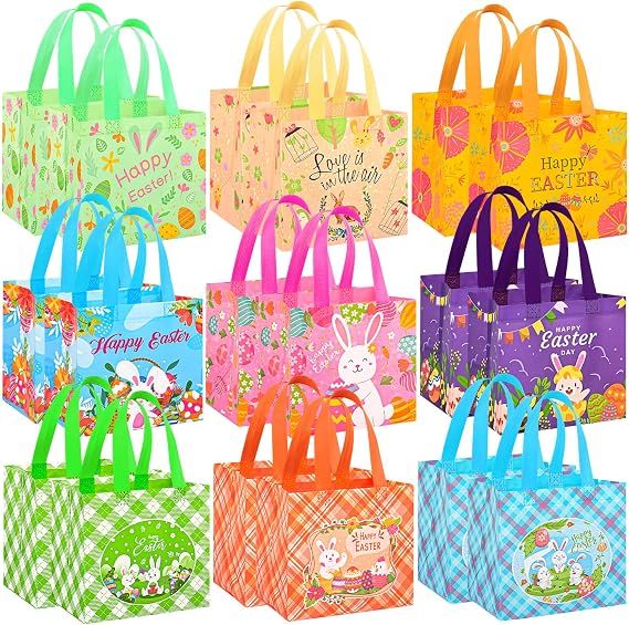 Pack of 18 Easter Bags Gift Bags Children with Handles Reusable Gift Bags Easter Egg Hunt Non-Woven Easter Bags for Filling Packaging Party Accessories (J)