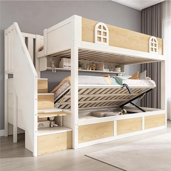 Su & Chan Legence Bunk Bed with Storage Stairs, Kids Bed with Hydraulic Storage, Shelves and Wooden Slats, No Mattress, 90 x 190cm, White and