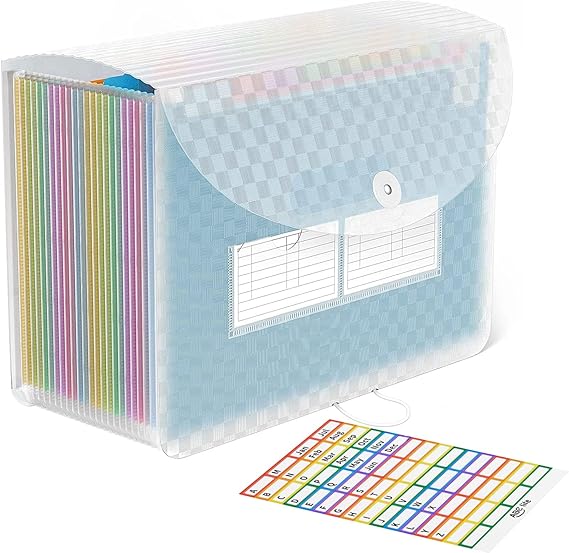 ABC life 26 Pockets A4 Plastic Folder with Grid Pattern, Organiser Papers Documents Rainbow, Expandable Briefcase (Blue)