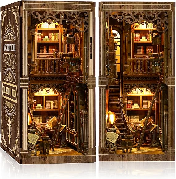 Book Nook Kit - (Classic Edition) - DIY Miniature Wooden Puzzle | Vintage Book Collection Room with LED Lights | 3D Dollhouse Bookend for Bookshelf Decoration | Creative Gifts