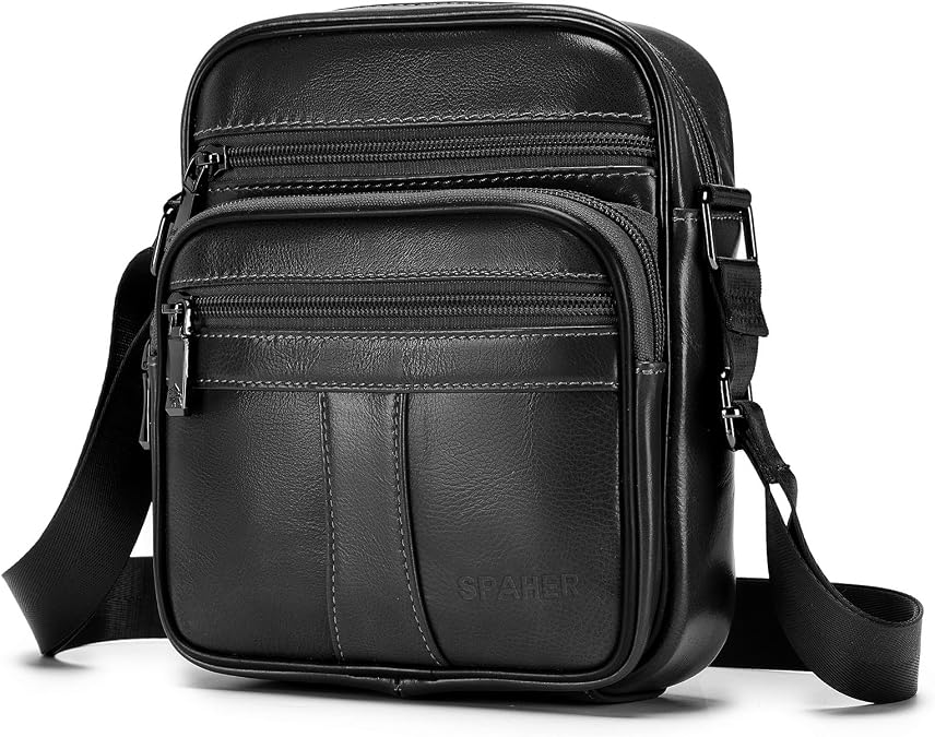 SPAHER Men Small Genuine Leather Handbag Shoulder Bag Satchel Business Messenger Backpack Crossbody Casual Sling Travelling Bag Mens Gift for Wallet Purse Mobile Phone Keys
