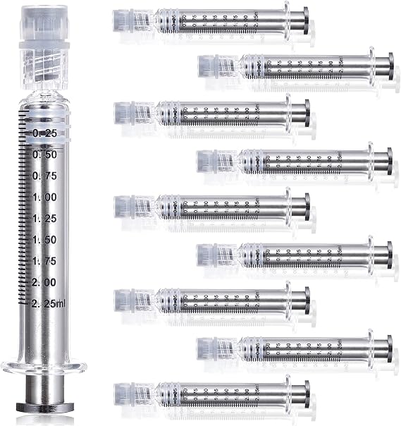 2.25ml ホウケイ酸ガラスシリンジ シルバーメタルプランジャー付き | 10個パック | 漏れ防止ルアーロックシリンジ 針なし | 液体、接着剤、油用の正確な測定シリンジ、ホウケイ酸ガラスチューブ付き