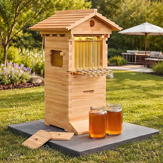Complete Bee Hive Starter Kit, Wooden Beehive Box with Observation Window & Honey Tap, Includes Carpenter Bee House for Pollinator Garden