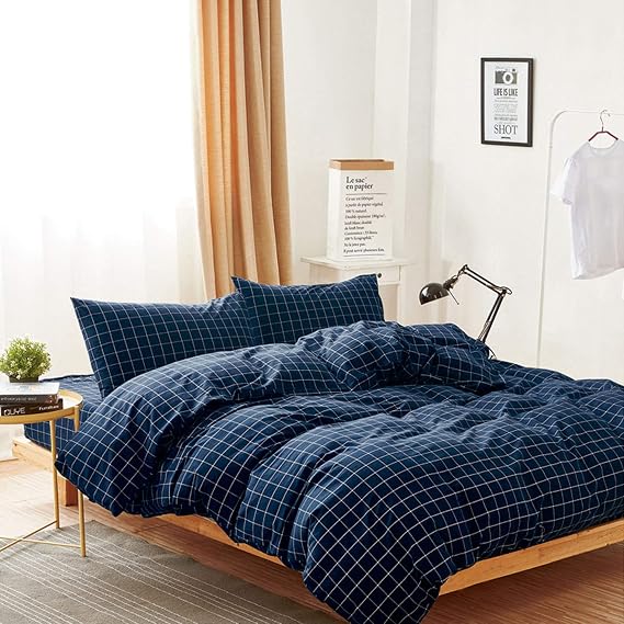 Wake In Cloud - Navy Grid Duvet Cover Set, 100% Washed Cotton Bedding, Navy Blue with White Grid Plaid Geometric Pattern Printed, with Zipper Closure (3pcs, Queen Size)