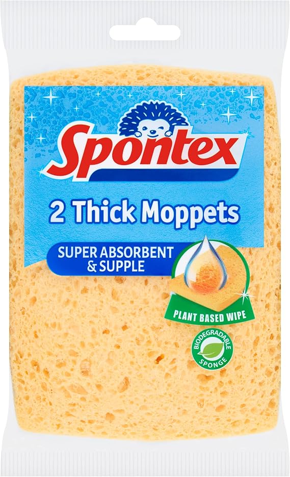 Spontex 2 Thick Sponge Moppets | 16 x 12cm | Super Absorbent & Supple Plant-Based Cleaning Sponges