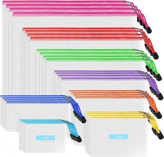 Plastic Wallets Zip Folders - 32PCS Zip Lock Bags Waterproof Document File Folders Mesh Zipper Pouches Storage Bags for School, Office Supply, Home and Travel (8 Sizes - B4 A4 B5 A5 B6 A6 Bill B8)
