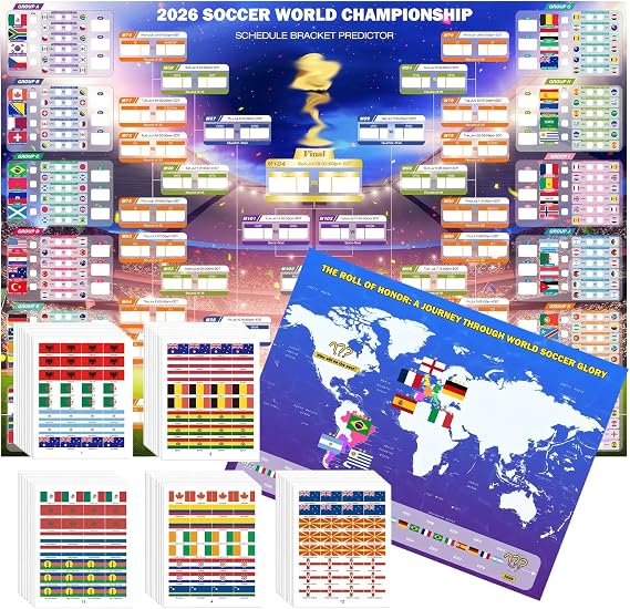 World Cup Wall Chart 2026, Complete Football Tracking Poster Set with 600 Flag Stickers, Match Poster for Home and Sports Venue Decorations, World Cup 2026 Merchandise and Party Organisation