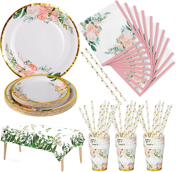 Nkaiso 126 Pcs Pink Floral Paper Plates Cups and Napkin Set for 25 Guests