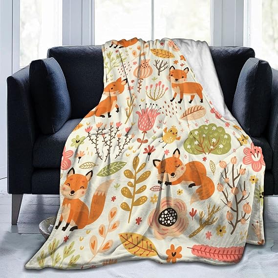 Blanket Cute Fox and Flower Flannel Throw Blanket Lightweight Blanket Washable Anti-Static Warm Soft Fluffy Perfect for All Seasons 150x125cm