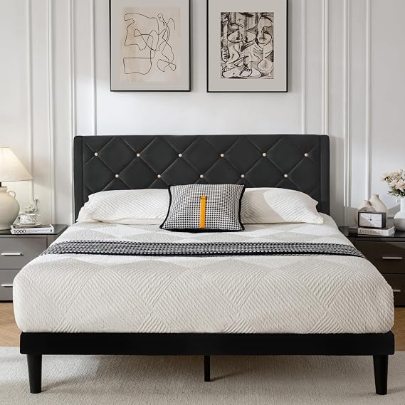 DUMGTIF Queen Size Platform Bed Frame with Velvet Upholstered Headboard and Sturdy Wooden Slats Support,Mattress Foundation，Easy Assembly, No Box