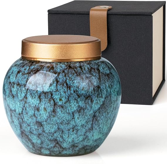Small Urns for Human Ashes Keepsake,Handmade Mini Cremation Urn for Human Pet Ashes,Ceramic Urns with Metal Screw Lid,Hold Ashes Up to 10 Cubic Inches (Blue)