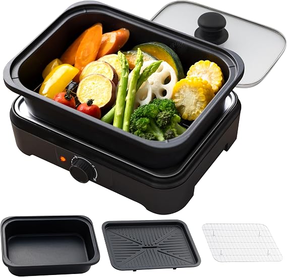 Abitelax Electric Pot Griddle, Electric Mini Plate, 1-2 Person Use, 3-in-1 "Boil", "Grill", "Steam" Domestic Manufacturer, Compact, Single Living, Deep Plate, Yakiniku Plate, Steaming Rack