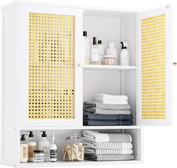 Bathroom Wall Cabinet, Bamboo Over-The-Toilet Storage Organizer with 2 Rattan Doors and Adjustable Shelf, Space Saver Medicine Cabinet for Laundry, Kitchen, Living Room (White)