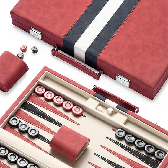15inch Backgammon Sets for Adults, Classic Board Game with Folding Leather Backgammon Case, Faux Leather Exterior and Velvet Interior, Portable Travel Game Set (Red)