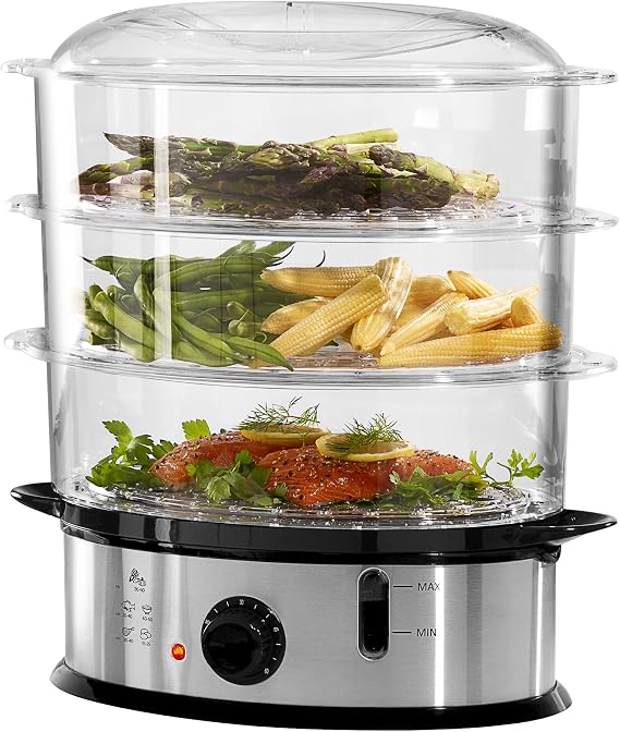 Daewoo 3 Tier Food Steamer – 1200W Electric Steamer with Timer, Rice Bowl & 3 Stackable Baskets – Easy Clean, Ideal for Meat, Fish, Vegetables, and Rice – 30-Min Run Time