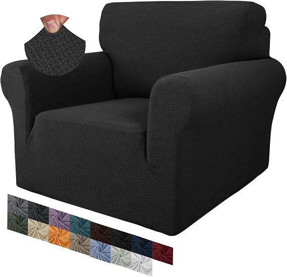 MAXIJIN Creative Jacquard Chair Covers for Living Room, Super Stretch Non Slip Chair Slipcover with Arms Dogs Pet Friendly 1-Piece Elastic Sofa Couch Protector Armchair Cover (1 Seater, Black)