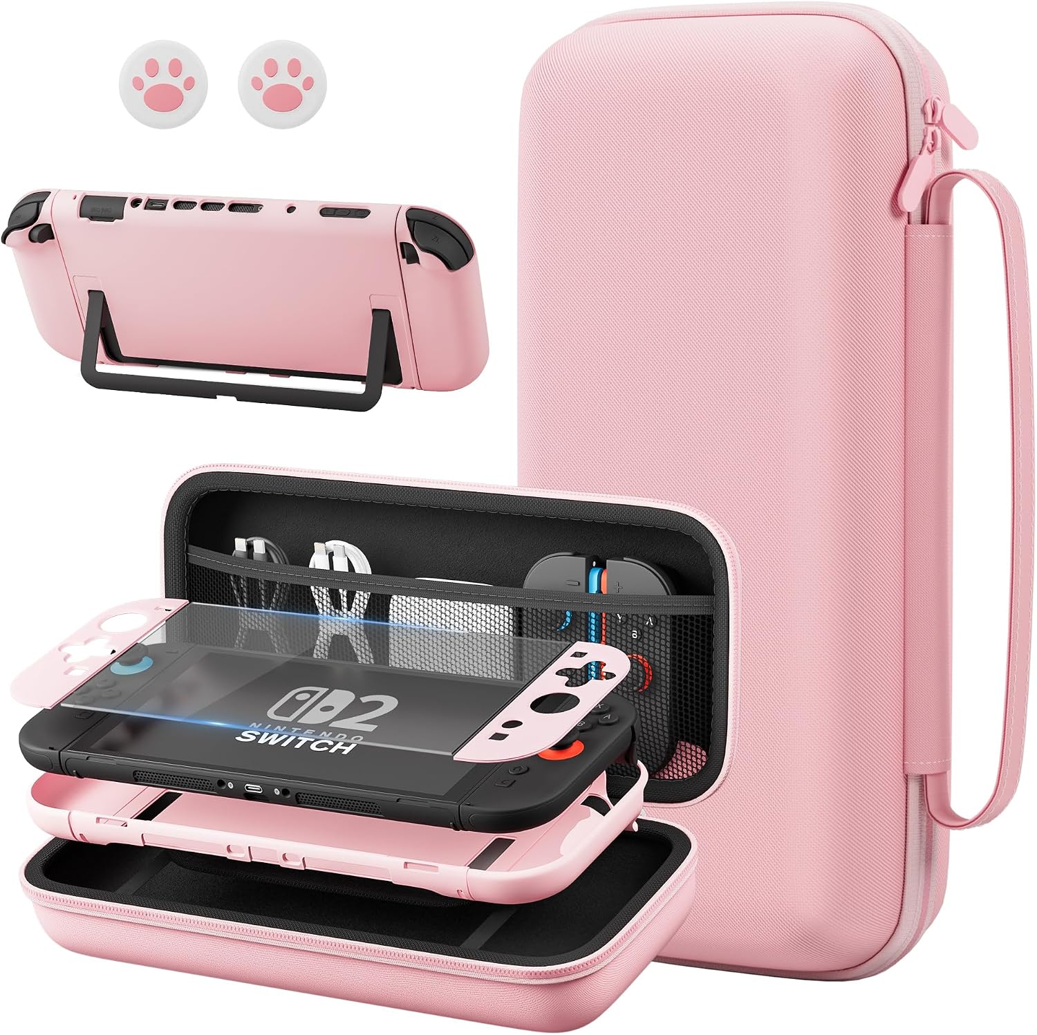 FANPL Pink Case Bundle for Nintendo Switch 2 (2025) Accessories, Portable Hard Carrying Cover with Protective Skin , Screen Protector, 2 Thumb Grips.