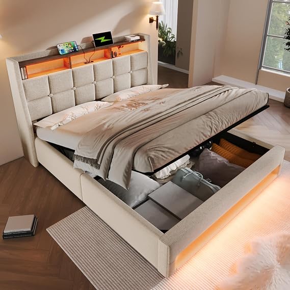 6ft Super King Size Upholstered Bed Frame with Hydraulic Lift&LED Storage Headboard, Functional Ottoman Bed with LED Lighting&USB Charging Function, Linen Gas Lift Bed with Slat, No Mattress,Beige