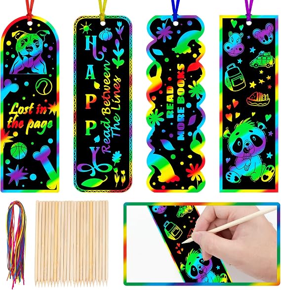 GOMANCHE 40 Sets Scratch Art for Kids, 4 Styles Magic Rainbow Bookmarks Craft Kit, Scratch Paper Art Sets for Students Party Bag Fillers