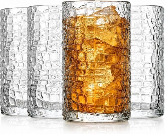 Glaver's Highball Drinking Glasses, Set of 4 Clear 15 Ounce Patent Crackle Design Textured Drinking Glasses Heavy Duty premium Glassware for Everyday Home, Bar use