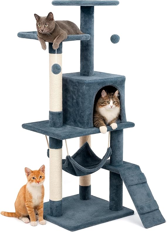Edipets, Scratching Post for Cats, Cat Tree, 3 Levels, 22 x 120 x 58 cm, High, Sisal Poles, Hammock, with Bed, Kennel, Soft, with Balls to Play (Grey)