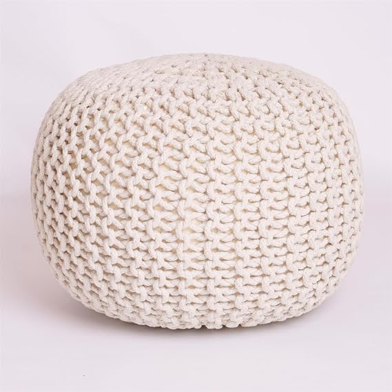 Round Chunky Knitted Pouffe Footstool Braided Cotton Ottoman Resting Feet 50cm Comfy Filled Bean Seat 50cm Light Foot Stool Living Room Decor Firm Support For Children Elderly [Cream]