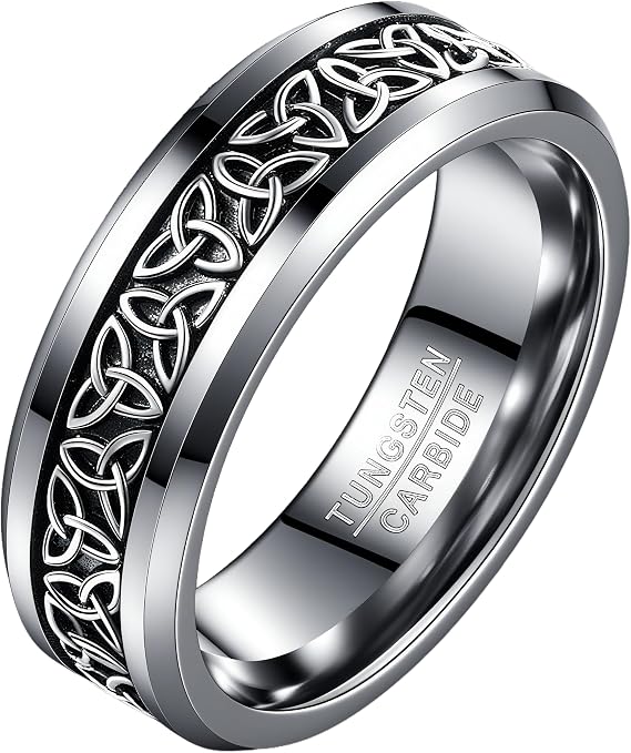 Celtic Knot Ring for Men - Tungsten Band with 925 Sterling Silver Triquetra Inlay, 8mm, Beveled Edge- Ethnic Aesthetic Jewellery