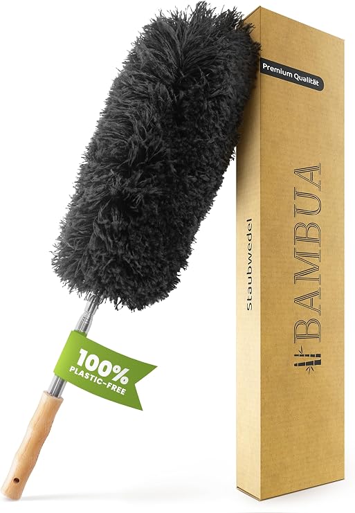 BAMBUA® Feather Duster Extendable - (Premium Quality) Multi-Purpose Extendable Duster for Cleaning the Home - Washable - Natural Bamboo Handle (Eco-Friendly) - Telescopic Duster on a stick (140 cm)