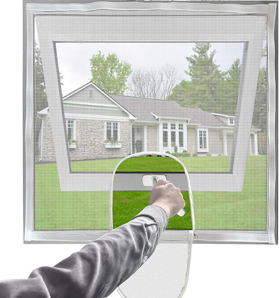 Adjustable Window Screen Replacement kit with Zipper Opening 120cm X 120cm,Fiberglass White,DIY Cut to Size,Easy to Open Windows,Keep Bugs Mosquitoes Out