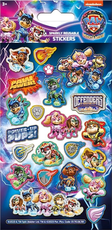 PAW Patrol the Mighty Movie Sparkly Reusable Stickers | Official Licensed Product | Reusable on Non-Porous Surfaces