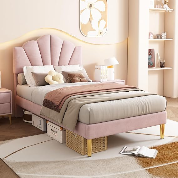 BTM Single Bed, 3FT (90 * 190cm) Upholstered Single Bed Frame, Shell-like Velvet Bed with Golden Iron Legs & Height-adjustable Headboard, Wooden Slatted Frame Velvet Bed, Pink