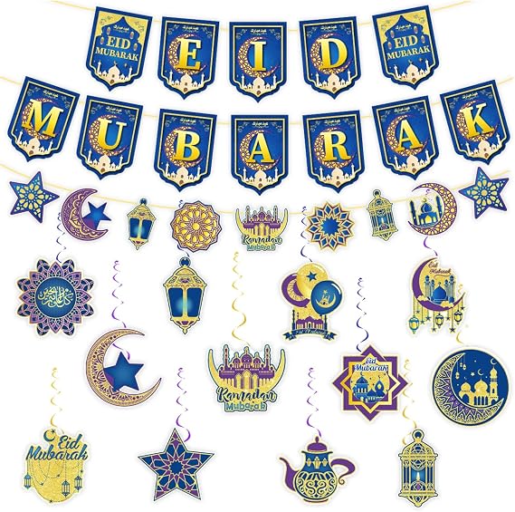 Eid Decorations, Eid Mubarak Blue & Gold Banner, Moon-Star Banner Set, and 12 Moon-Star Swirl Decorations - Complete Ramadan Decor for Home, Umrah Mubarak Party & Islamic Festive Celebration