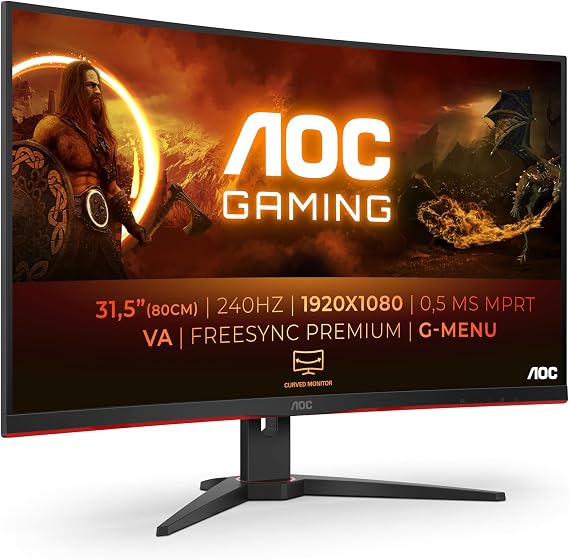 AOC Gaming C32G2ZE - 32 Inch FHD Curved Monitor, 240Hz, 1 ms MPRT, VA AMD FreeSync Premium, Low Input Lag (1920x1080@ 240Hz, 300 cd/m², HDMI/DP)