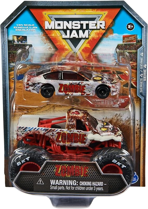 Official Monster Jam 1:64 Scale Diecast 2-Pack Monster Truck and Race Car Series 4 Zombie