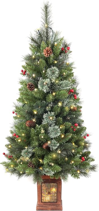 Pre-lit Artificial Christmas Tree 4ft, 256 Branches Tips Potted Decorated Pine Xmas Tree with LED Lights & 12 Red Berry & 12 Pinecone for Indoor Outdoor