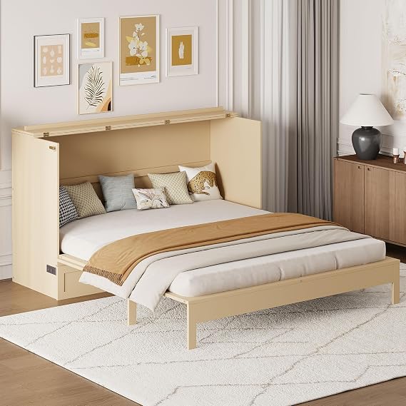 Queen Size Murphy Wall Bed with Large Storage Drawers,Modern Multifunctional Design Bed Frame for Kids Teen Girls Boys Bedroom Furniture,No Box Spring Needed (Gold-19, Queen)