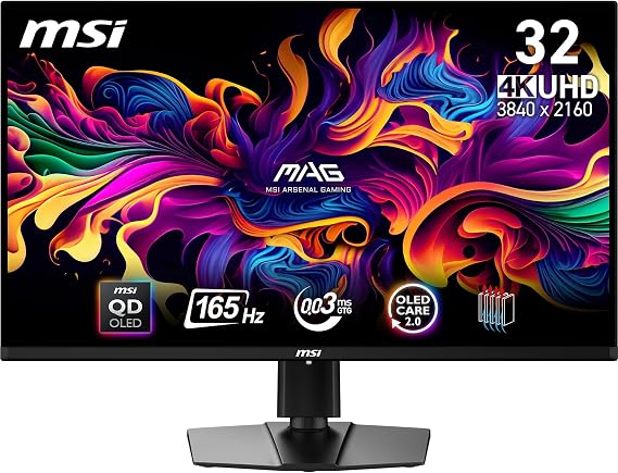MSI MAG 321UP QD-OLED 31.5 Inch 4K UHD Gaming Monitor - 3840x2160 Quantum Dot OLED Panel, 165Hz,0.03ms,DCI-P3, DisplayHDR True Black 400 - DP 1.4a, HDMI 2.1(UHD 165Hz), USB Type-C