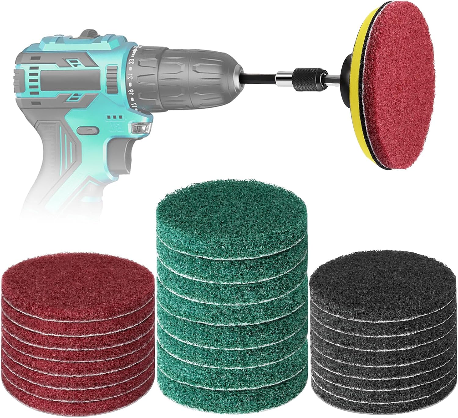 GOH DODD Power Scrub Pads Drill Attachment, 15 Pieces 5 Inch Cleaning Kit Scouring Pads with Baker and Universal Shaft Great for Kitchen, Bathroom, Auto, Grout, Carpet, Shower, Tub, Grill,Tile