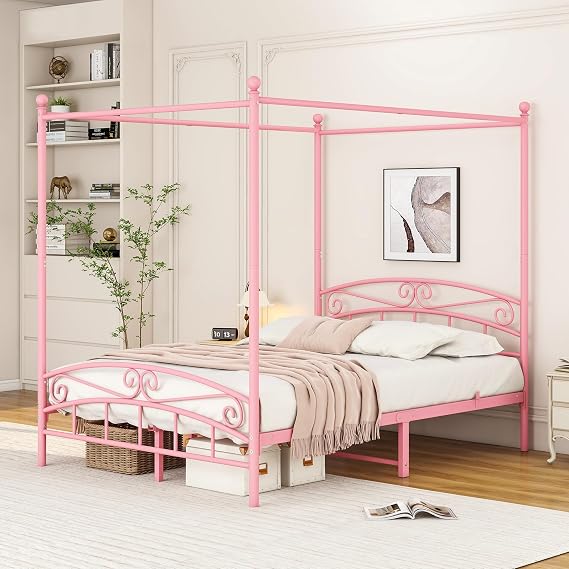 King Size Canopy Bed Frame, Pink
