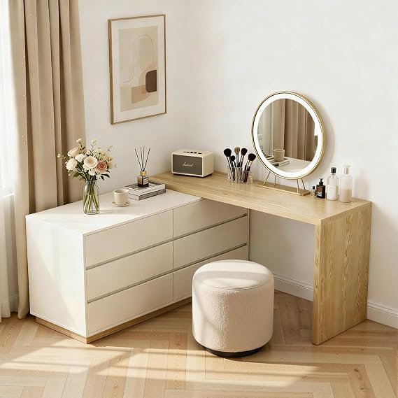 Extendable Vanity Desk with Drawers - Wooden Dressing Table