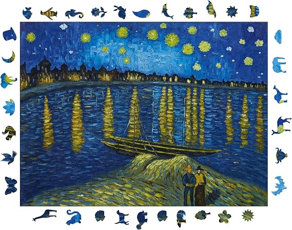 Ahşap Puzzle Yetişkin - Van Gogh Ren Nehri'nde Yıldızlı Bir Gece - 450 Parça, 29 x 39 cm - Yapıştırıcı Folyo Dahil - Benzersiz Şekilli Parçalar & Özel Figürler - R1-11