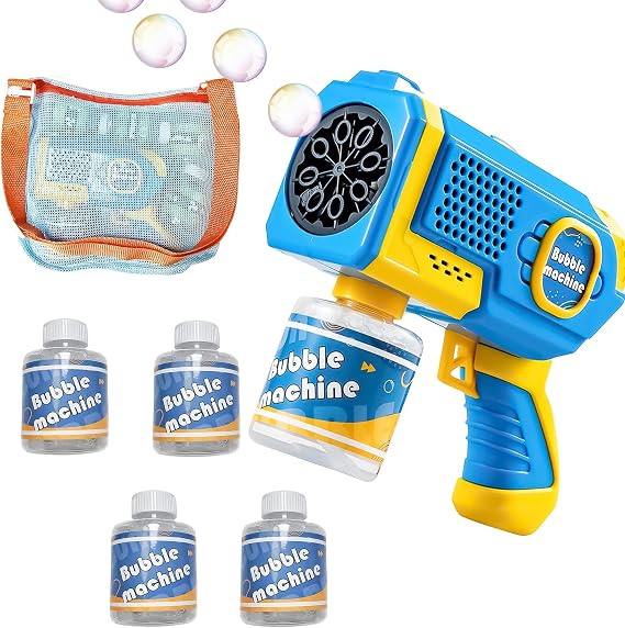 JellyCube Electric Bubble Bazooka Automatic Bubble Gun with Leak-Proof Feature and LED Light, Children's Toy for Outdoor Play, Picnic, Camping, Wedding, Birthday Gift, Includes Mesh Storage Bag Blue
