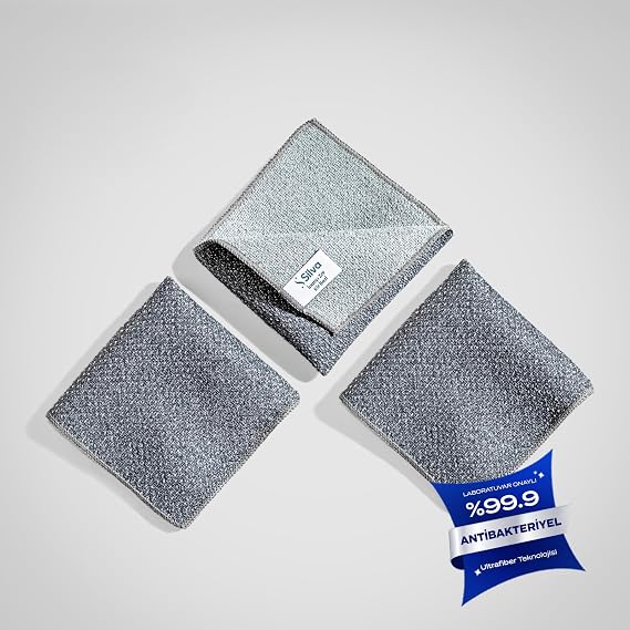 Silva Essentials İnatçı Zor Kir Bezi 3'lü Paket - Kurumuş Yağı ve İnatçı Kiri Yüzeyi Aşındırmadan Temizler, Ankastre, Tezgâh, Fırın Çevresi, Duşakabin ve Lavabo İçin,%99,9 Antibakteriyel, Gri