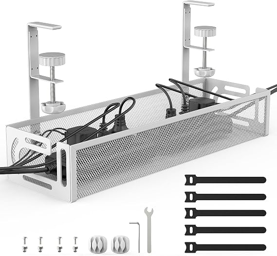 Under Desk Cable Management Tray, A non drilling table cable basket for storing extension cords, a screw free and tidy wire organizer clip, suitable for homes, offices, internet cafes, etc(White)