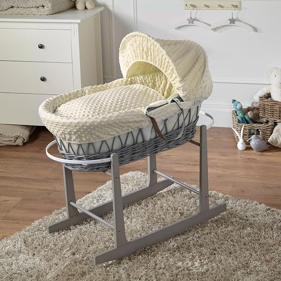For Your Little One Wicker Moses Basket with Rocking Stand, 83 x 49 cm, Hand-woven Natural, Hypoallergenic Mattress Grey Wicker/Dimple Pattern (Cream)